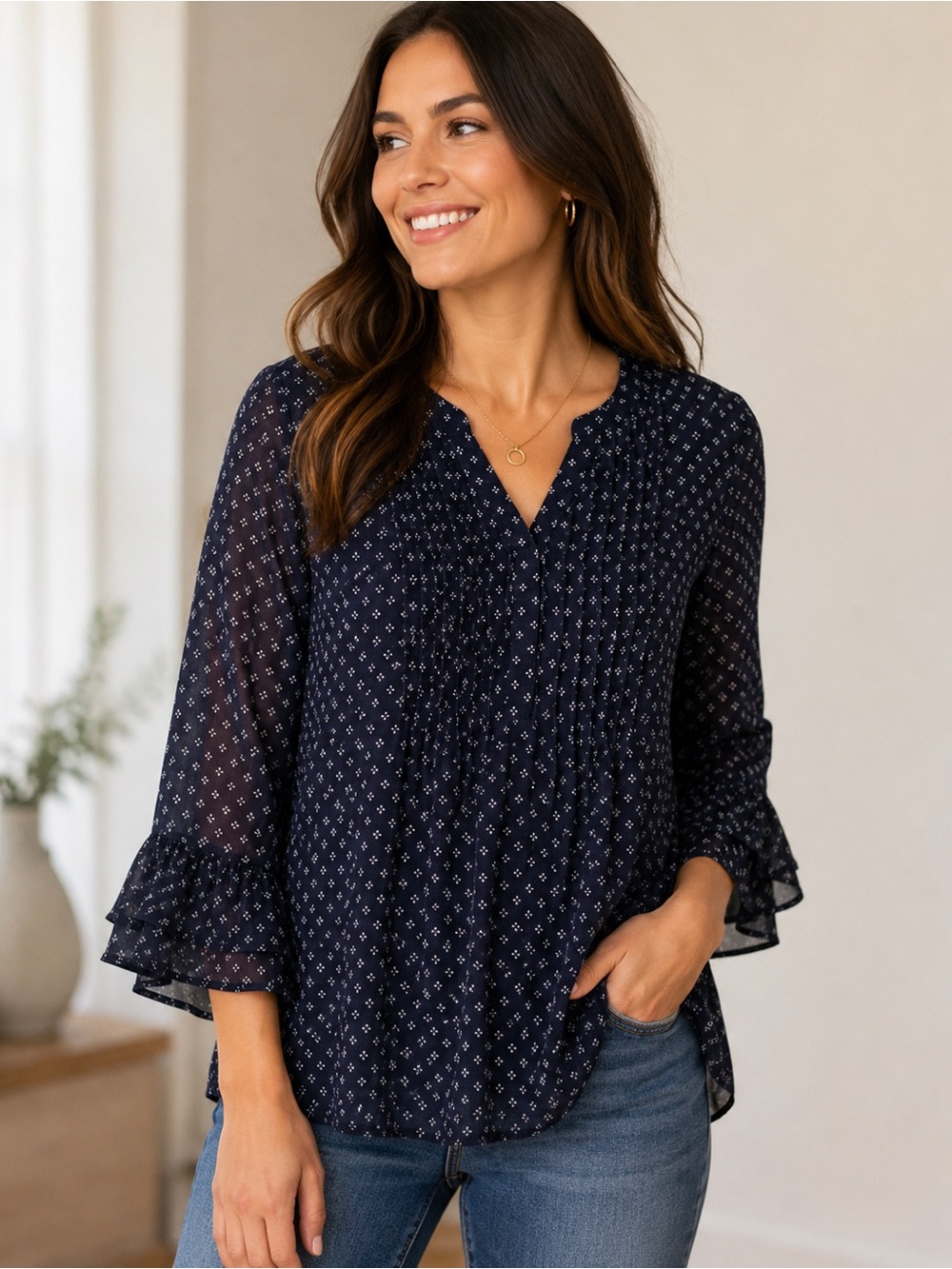 Charter Club Navy Floral-Print Pleated V-Neck Blouse- Size Medium